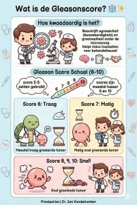 Kawaii-stijl infographic over de Gleasonscore voor prostaatkanker. Bevat secties over agressiviteit, de schaal van 6 tot 10, en de verdeling in traag (6), matig (7) en snel groeiende (8-10) tumoren met medische personages en symbolen.