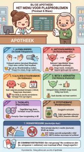 Een Kawaii-stijl infographic van prostaat.be met de titel "Bij de apotheek: Het menu voor plasproblemen (Prostaat & Blaas)". Een vriendelijke apothekeres toont een 'menu' aan een oudere mannelijke klant. Het menu bestaat uit 7 panelen die verschillende medicijngroepen uitleggen met iconen voor werking, voordelen en bijwerkingen: Alfablokkers: Snelle ontspanners (let op: bloeddruk). 5-alfa-reductaseremmers: Trage verkleiners (let op: libido, PSA). Tadalafil: 2-in-1 voor plas & erectie (geen terugbetaling). Anticholinergica: Blaaskalmeerders (let op: droge mond, geheugen). Beta-3 agonisten: Modern alternatief voor blaas (duurder). Fytotherapie: Plantenextracten (zaagpalm, HESr). Desmopressine: Voor nachtelijke rust (let op: zoutgehalte, vochtinname). Onderaan een balk over de Combinatiestrategie. Footer: © prostaat.be - Vraag advies aan uw arts of apotheker.
