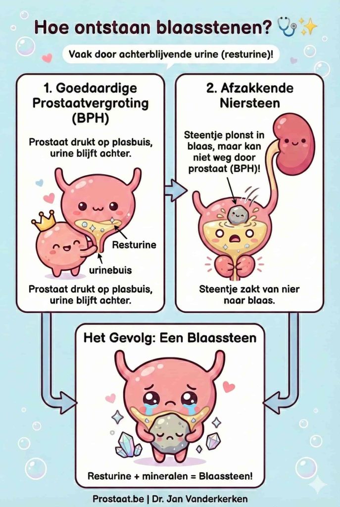 Kawaii infographic over de oorzaken van blaasstenen. Het toont hoe een vergrote prostaat zorgt voor resturine en hoe een niersteen vast kan komen te zitten in de blaas door een nauwe plasbuis.