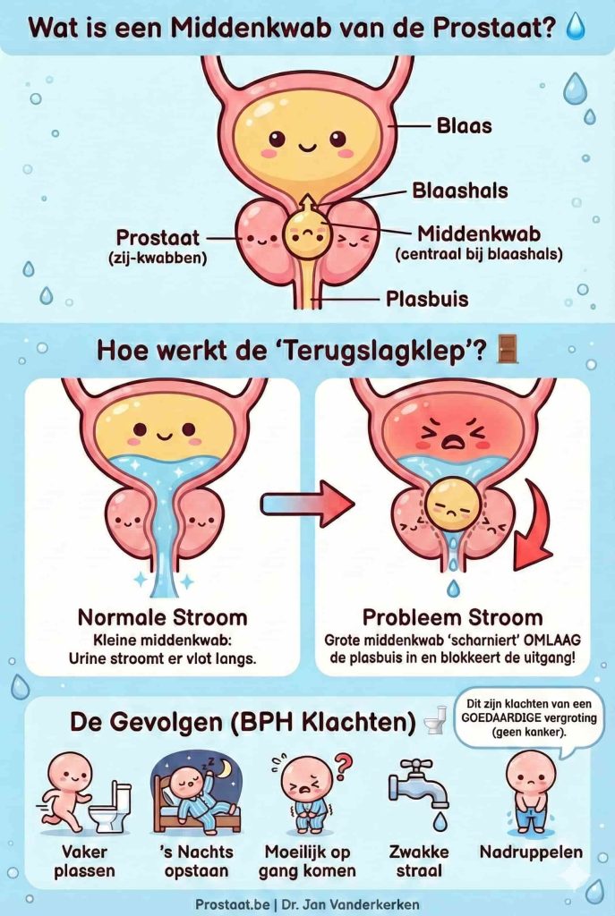 infographic over de middenkwab van de prostaat. Panels tonen de anatomie onder de blaas, het mechanisme waarbij de kwab als een terugslagklep de plasbuis blokkeert tijdens het plassen, en symptomen zoals nachtelijk plassen en een zwakke straal.