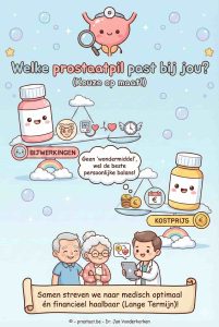 Kawaii infographic op prostaat.be over de keuze van prostaatmedicatie. Een uroloog overlegt met een ouder echtpaar. Boven hen toont een weegschaal de balans tussen 'Bijwerkingen' (duizeligheid, bloeddruk) en 'Kostprijs' (euro's). Een denkballon meldt: "Geen wondermiddel, wel de beste persoonlijke balans!". Onderaan de boodschap: "Samen streven we naar medisch optimaal én financieel haalbaar (Lange Termijn)!".