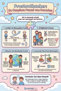 Infographic in een vriendelijke, getekende stijl met de titel 'Prostaatkanker: De Complexe Puzzel van Oorzaken'. De ondertitel luidt: 'Het is niemands schuld, maar een samenspel van factoren.' Centraal staat een lachend, regenboogkleurig puzzelstukje. De infographic is verdeeld in vier panelen. Paneel 1 linksboven, '1. Leeftijd: De Belangrijkste Factor', toont een tijdlijn met mannen van jong (80) en een pijl die aangeeft 'Risico neemt toe'. Tekst legt uit dat natuurlijke foutjes in celdeling opstapelen met de jaren. Paneel 2 rechtsboven, '2. Erfelijkheid & Genen', toont een gezin, een DNA-streng en een prostaat-icoon. Tekst benoemt 'Familiale Belasting' (vader of broer, vooral
