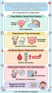 Een verticale Kawaii-infographic over de symptomen van prostaatkanker. De vier panelen tonen: 1. Het vroege stadium waarin vaak geen klachten zijn. 2. Het onderscheid tussen plasproblemen en een goedaardige vergroting. 3. De PSA-waarde als eerste signaal. 4. Symptomen in een vergevorderd stadium zoals botpijn en gewichtsverlies. Voorzien van medische symbolen en bronvermelding Dr. Jan Vanderkerken | prostaat.be.