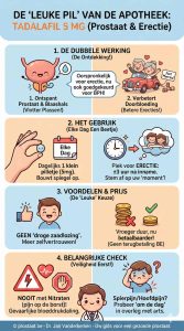 Kawaii-stijl infographic van prostaat.be over Tadalafil 5 mg. Paneel 1: Een vrolijke prostaat die ontspant en een ouder, verliefd koppel in een rode cabriolet met 'Just Married' blikjes erachter, wat de verbeterde doorbloeding symboliseert. Paneel 2: Een hand die een klein 5 mg pilletje vasthoudt en een klok die aangeeft dat het piekeffect voor de erectie na 3 uur optreedt. Paneel 3: Een duim omhoog (geen droge zaadlozing) en stapeltjes munten die aangeven dat de prijs nu veel betaalbaarder is. Paneel 4: Veiligheidswaarschuwingen: Nooit met nitraten (gevaar voor bloeddruk) en tips bij spierpijn (om de dag innemen). Footer: © prostaat.be - Dr. Jan Vanderkerken - Uw gids voor een gezonde prostaat.