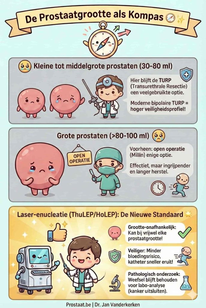 Kawaii-stijl infographic getiteld "De Prostaatgrootte als Kompas". Het vergelijkt drie opties: TURP voor kleine/middelgrote prostaten (met verdrietige prostaatjes), open operatie voor grote prostaten (met een bange prostaat en lange hersteltijd), en Laser-enucleatie (ThuLEP/HoLEP) als de "Nieuwe Standaard" (met een vrolijke dokter, robot en voordelen zoals veiligheid en weefselanalyse).