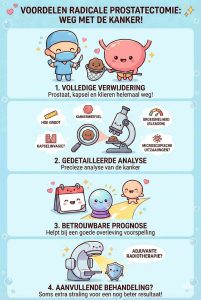 Een verticale Kawaii-stijl infographic over de voordelen van een radicale prostatectomie. De afbeelding toont in vier panelen de volledige verwijdering van de prostaat, de microscopische analyse (Gleasonscore), het maken van een prognose en de optie voor aanvullende radiotherapie.